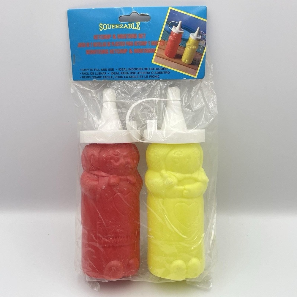 Vintage 1990s Hartin‎ Squeezable Ketchup Mustard Set Novelty Figure Bottles NIP
